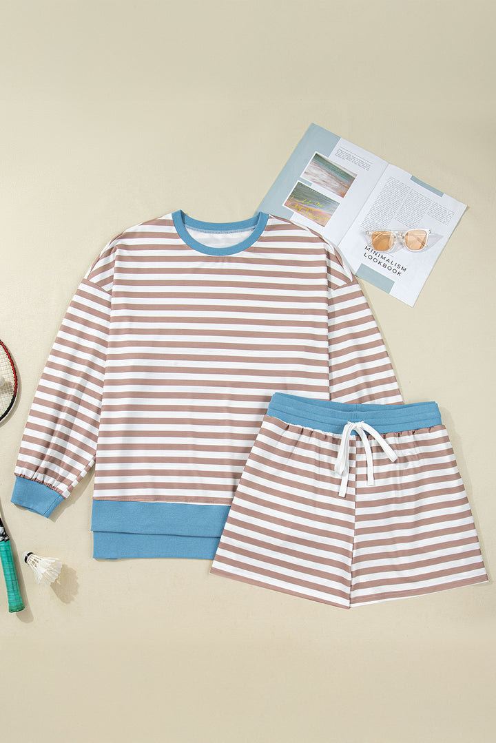 Khaki Stripe Contrast Edge Pullover and Shorts Plus Size Set