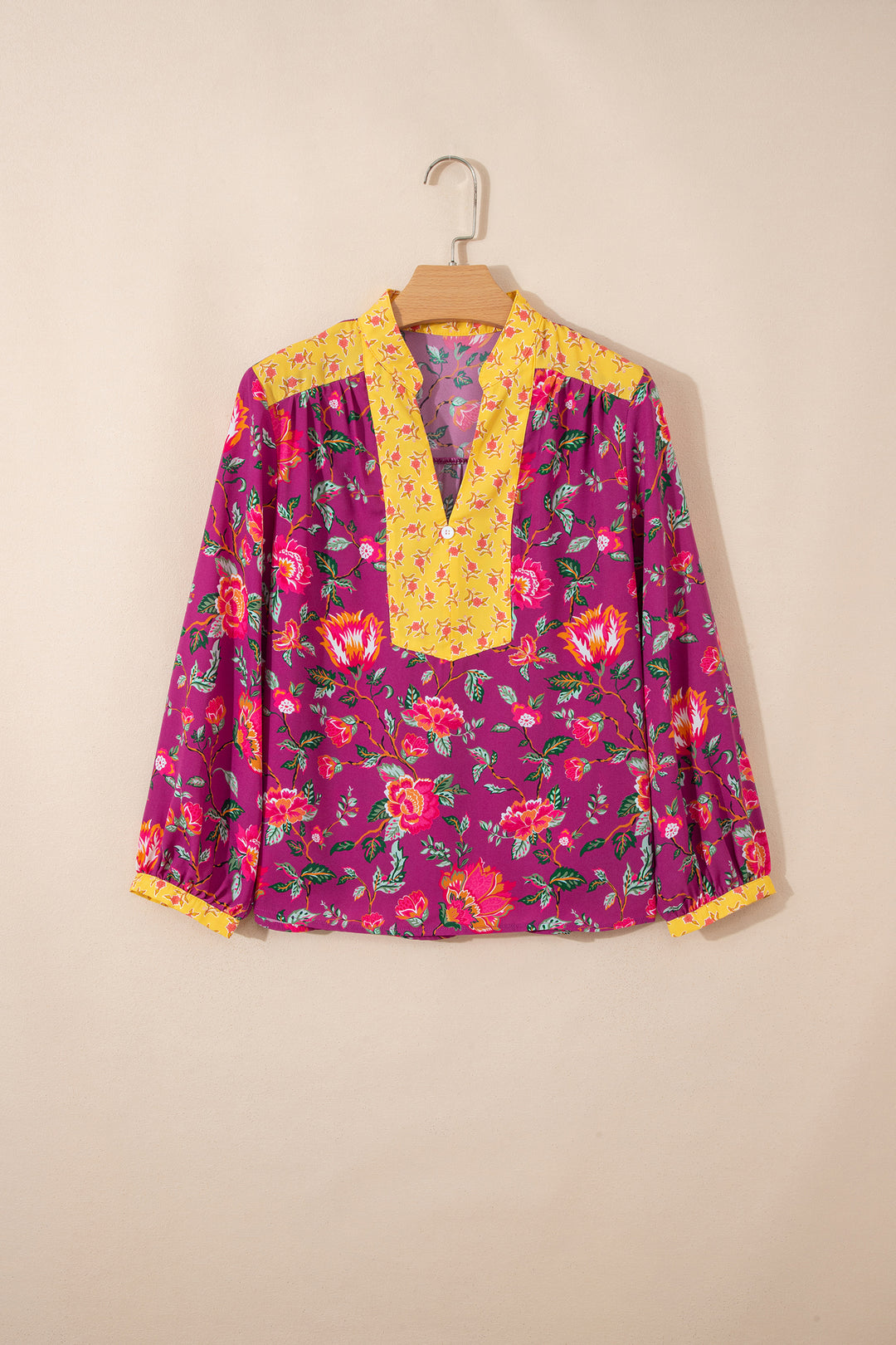 Contrast Placket Split V Neck Floral Blouse