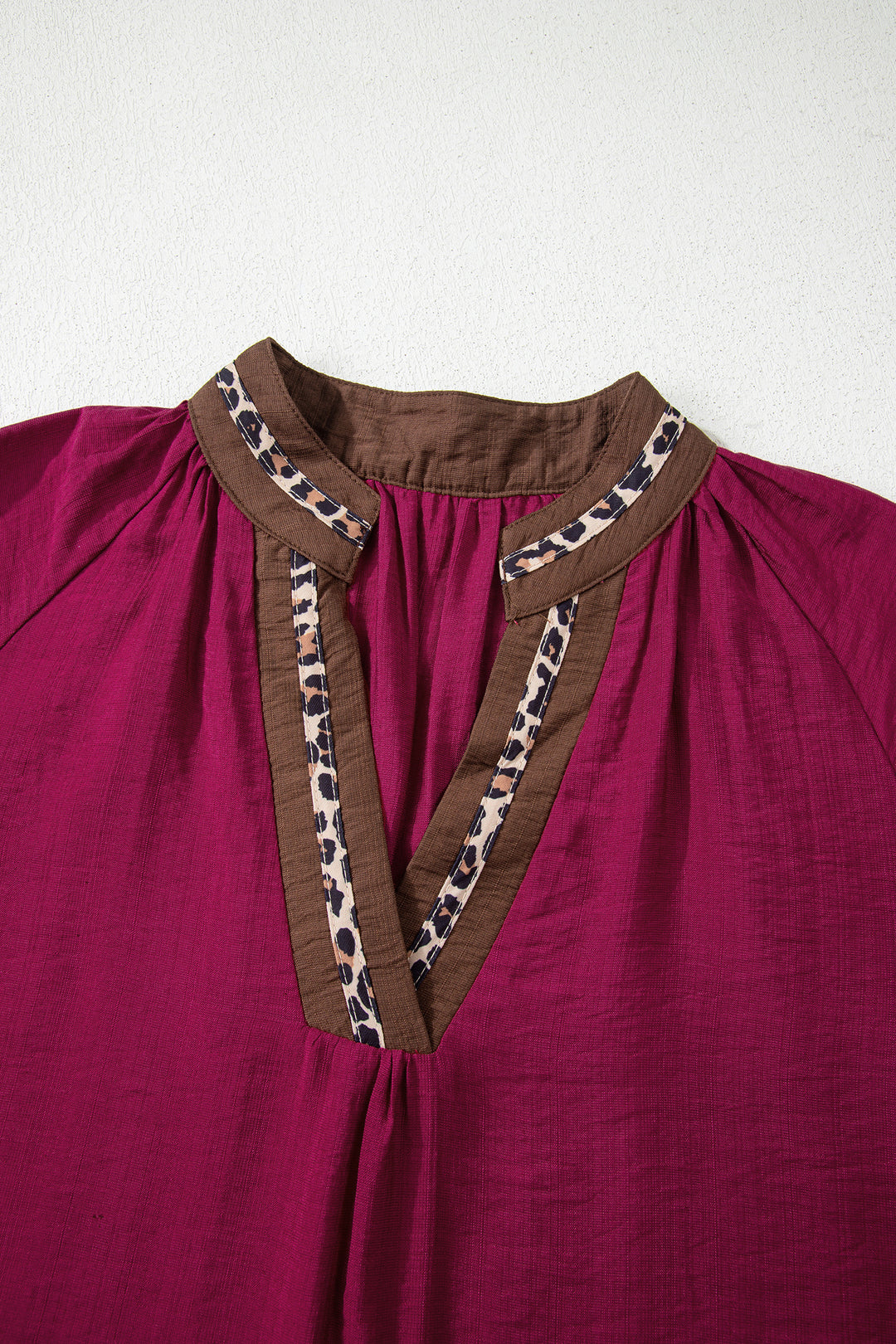 Leopard Trim V Neck Flounced Bracelet Sleeve Blouse