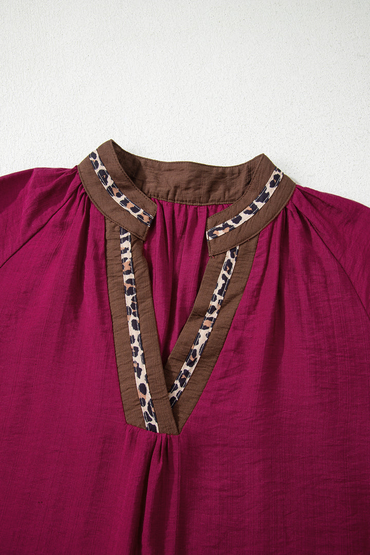 Leopard Trim V Neck Flounced Bracelet Sleeve Blouse