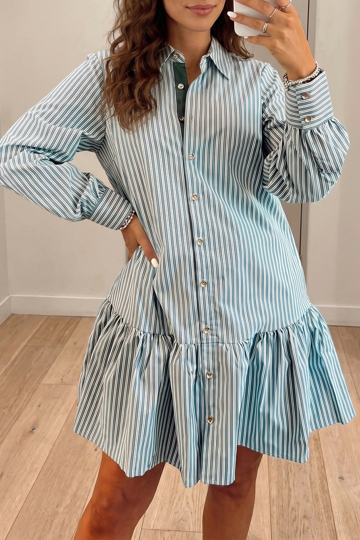 Green Stripe Striped Shift Long Sleeve Dress