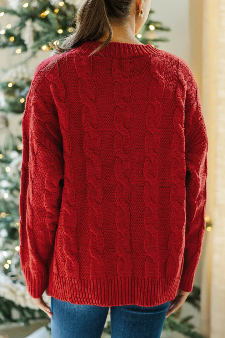 Fiery Red Falala Cable Knit Christmas Dropped Shoulder Pullover Sweater