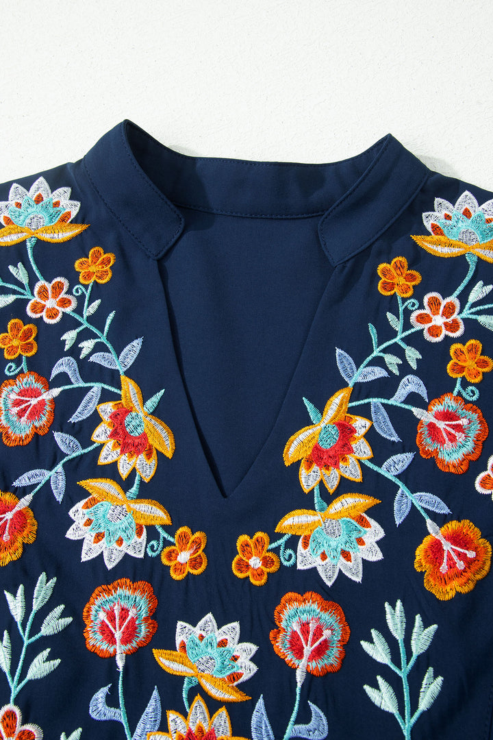 Dirty Blue V Neck Ruffled Sleeve Floral Embroidered Detail Babydoll Blouse