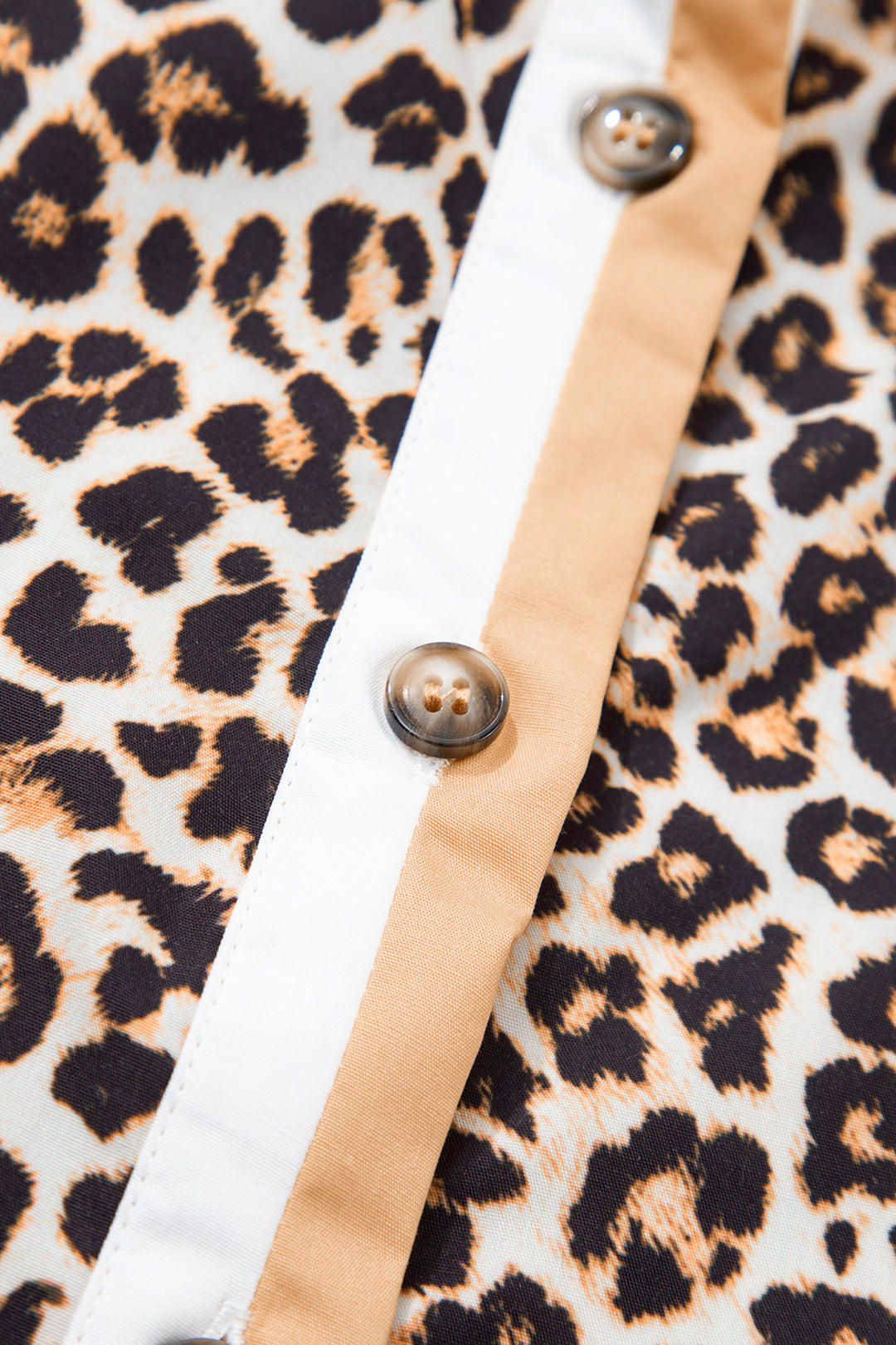 Khaki Button Striped Collar Leopard Print Long Sleeve Flared Dress