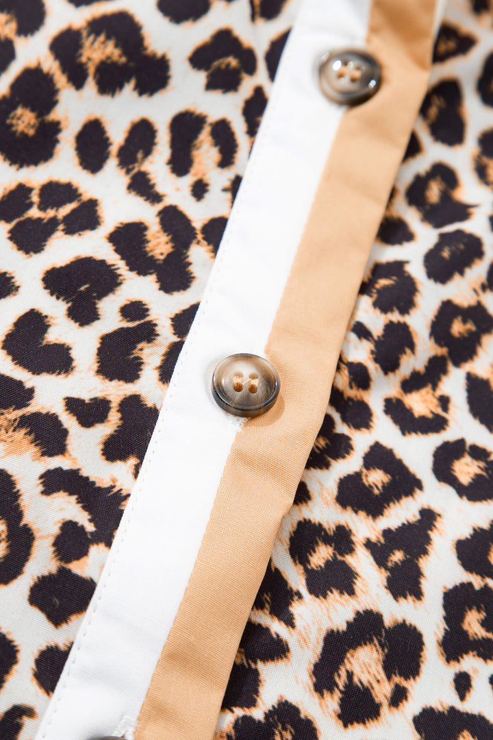 Khaki Button Striped Collar Leopard Print Long Sleeve Flared Dress