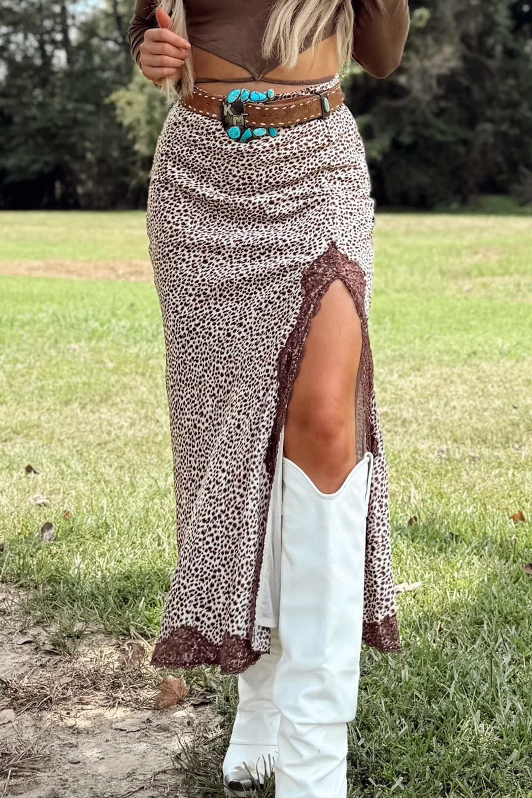 Fashion Brown Cheetah Print Trim Split Long Western Skirt