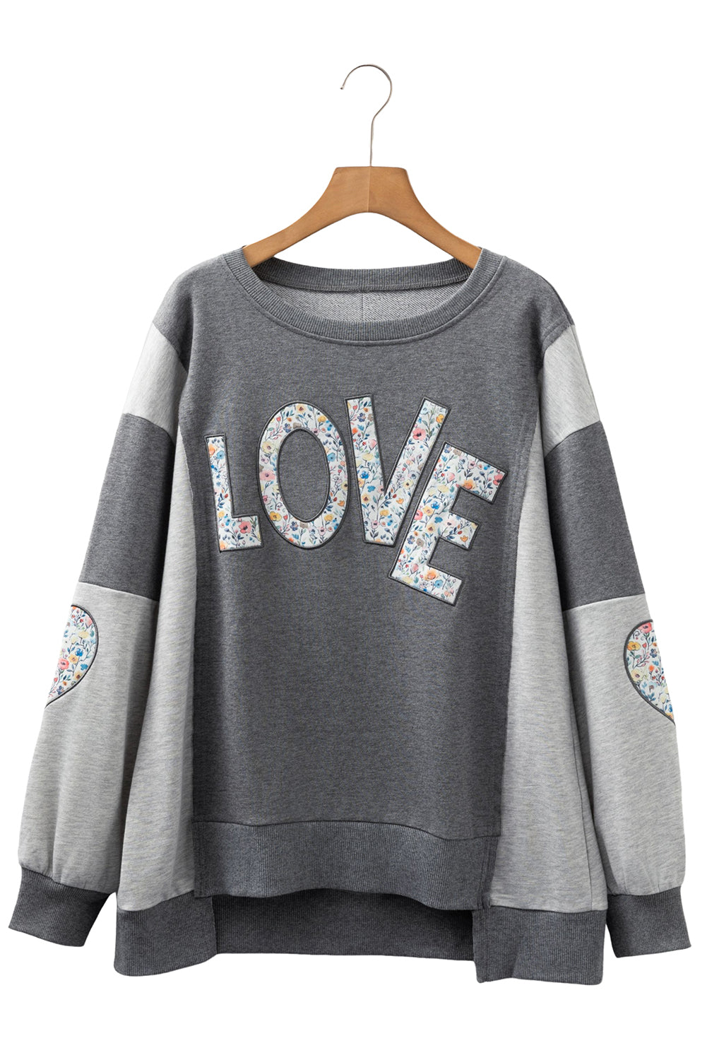 LOVE Graphic Exposed Seam Patchwork Uneven Hem Chic Sweatshirt