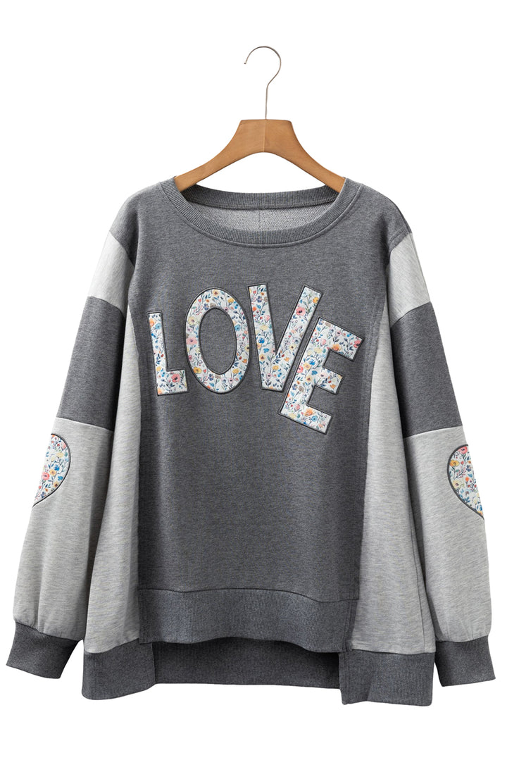 LOVE Graphic Exposed Seam Patchwork Uneven Hem Chic Sweatshirt