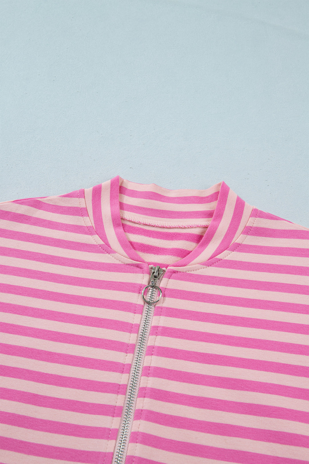 Pink Stripe Zip-up Puff Sleeve Zip Jacket Sweatshirt