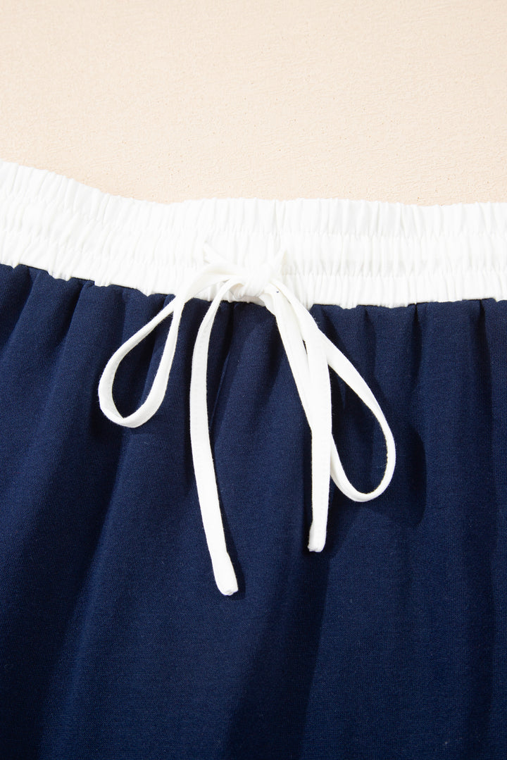 Navy Blue Varsity Stripe Detail Pullover Mini Skort Set