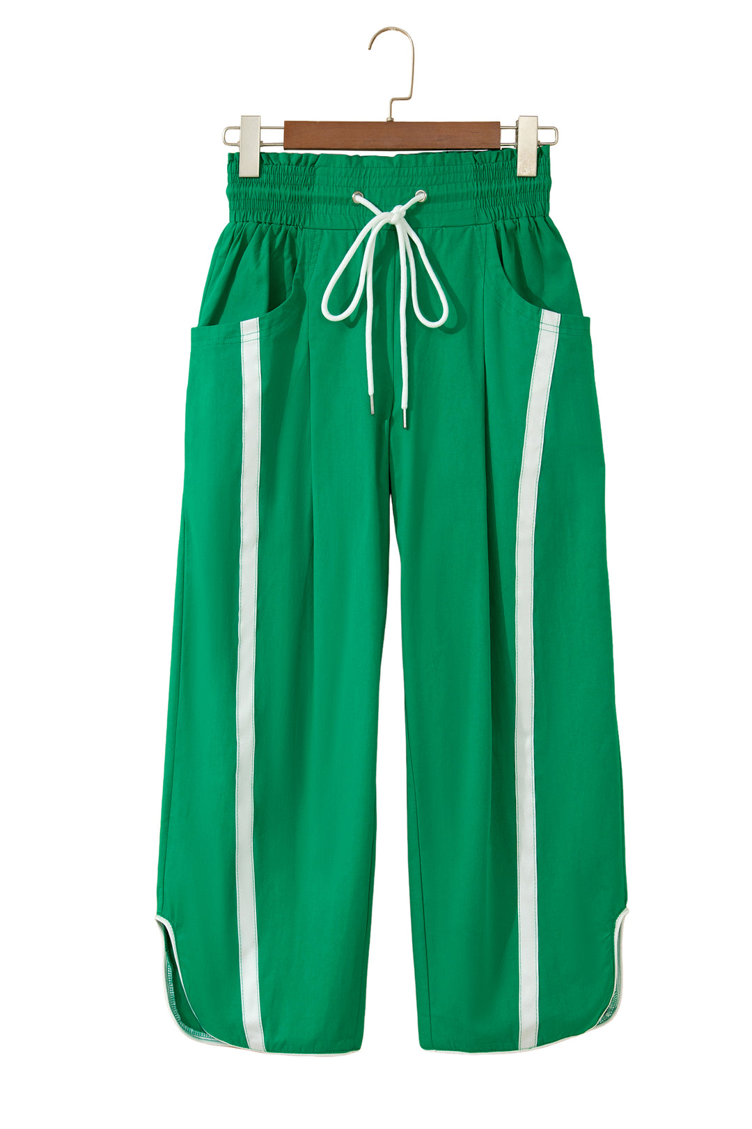 Bright Green Contrast Striped Smocked Waist Drawstring Cropped Casual Pants