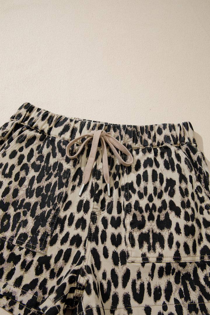 Brown Retro Leopard Print Lace-up Elastic Waistband Mid Rise Denim Shorts