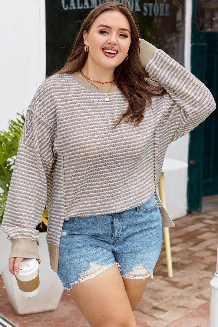 Brown Stripe Breathable Knit Ribbed Trim Plus Size Long Sleeve Top