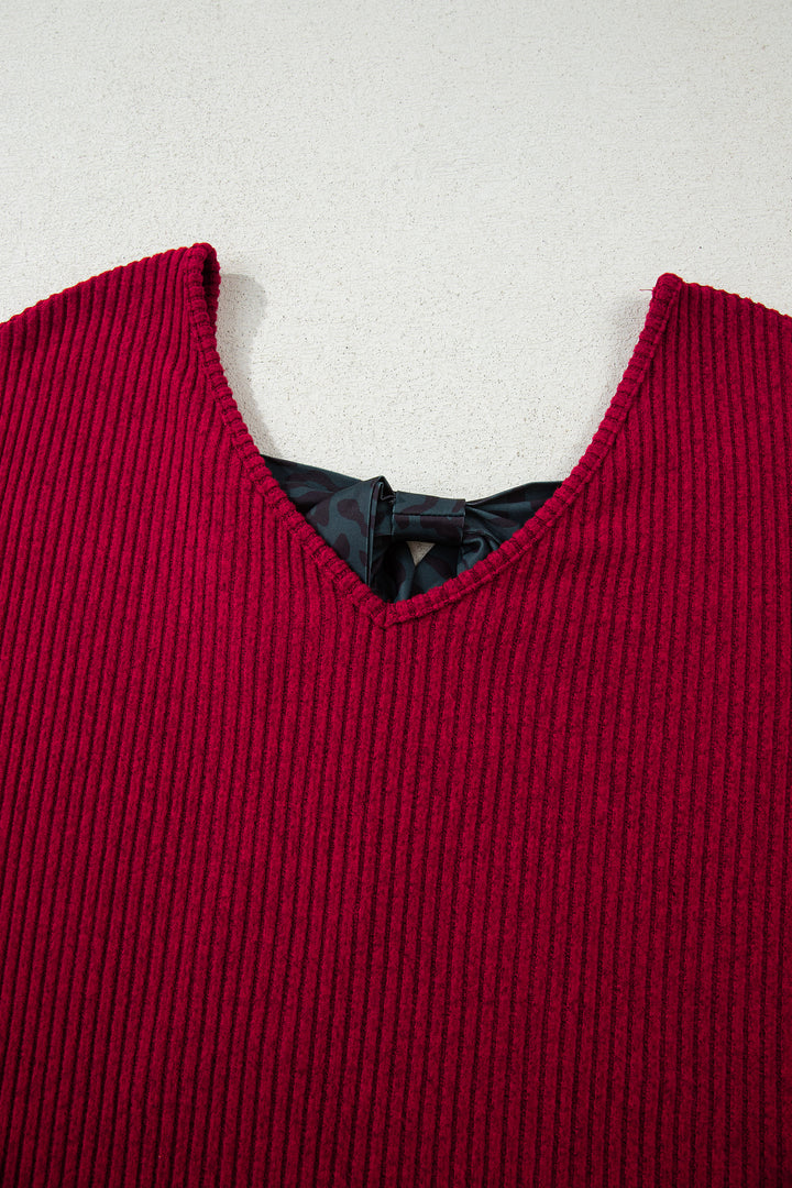 Racing Red Ribbed V Neck Contrast Ribbon Bow Back Drop Shoulder Long Sleeve Top