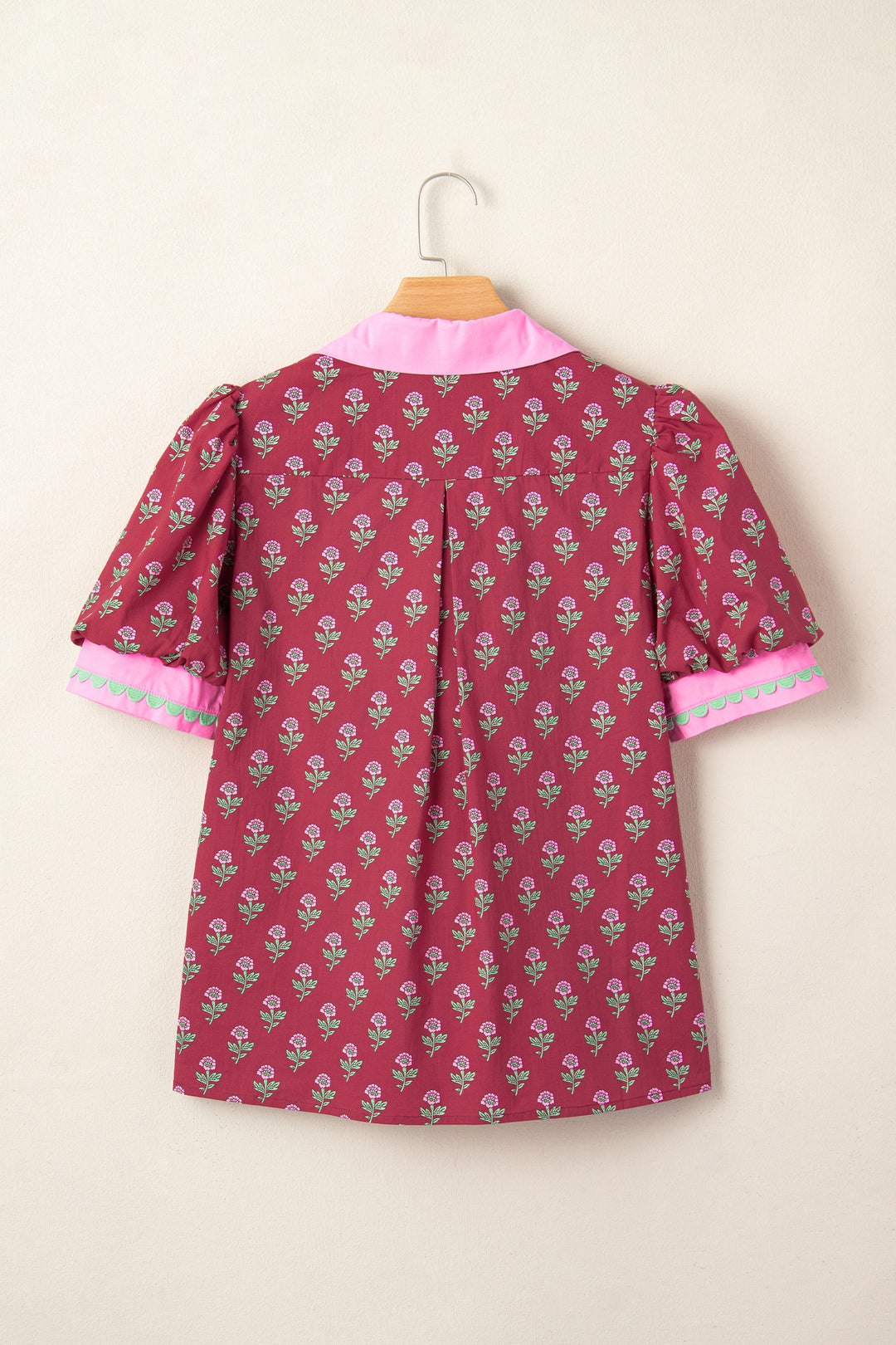 Contrast Collared V Neck Ricrac Trim Short Puff Sleeve Flower Blouse