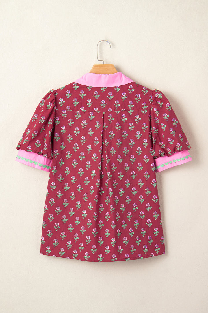 Contrast Collared V Neck Ricrac Trim Short Puff Sleeve Flower Blouse