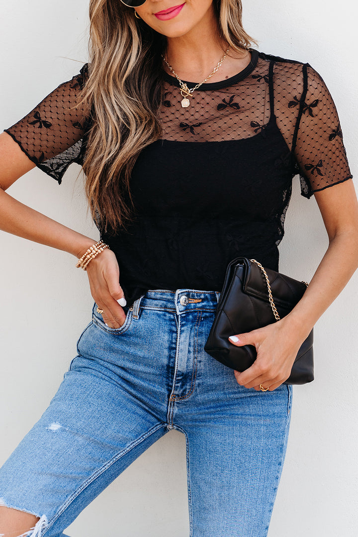 Bow Knot Dotted See-through Mesh Patched Slim Fit Blouse