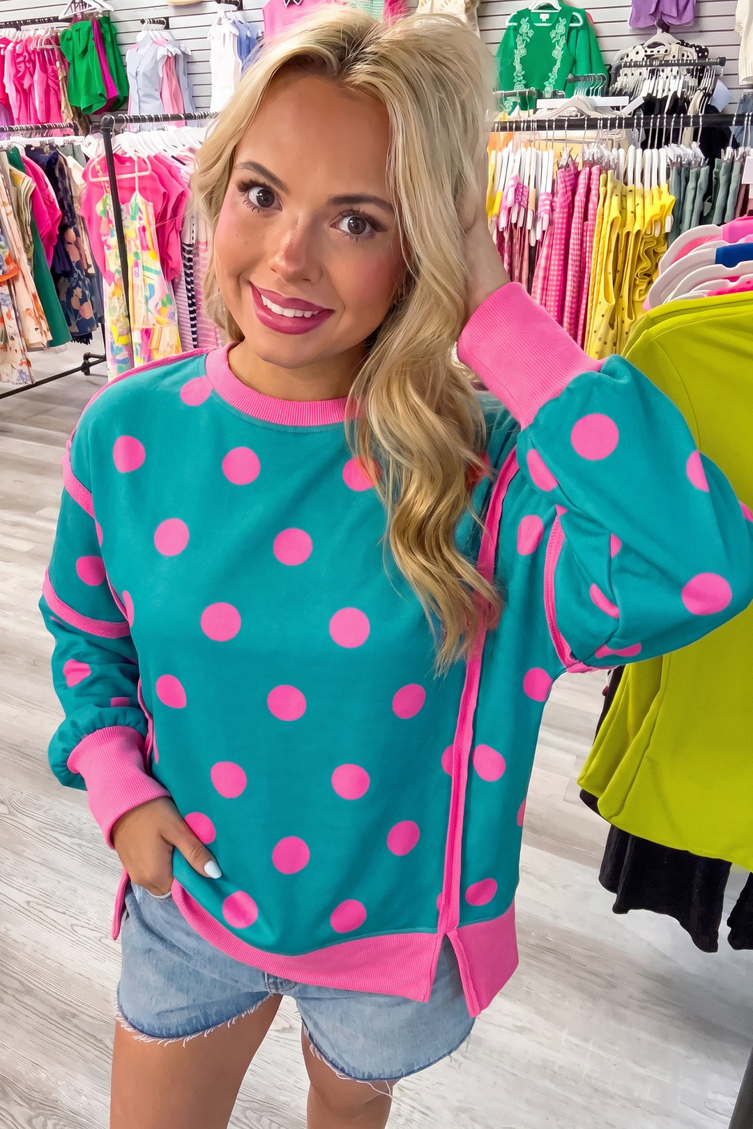 Blue Polka Dot Contrast Patchwork Round Neck Baggy Sweatshirt