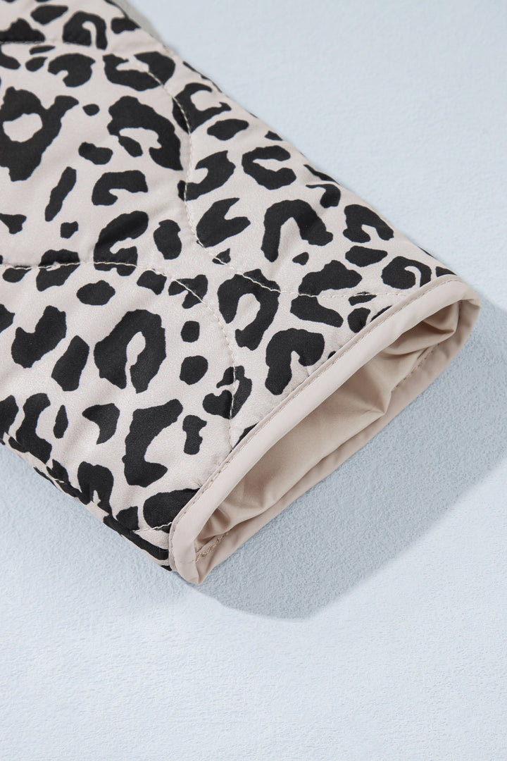 Khaki Leopard Print Patch Pockets Binding Tape Long Sleeve Regular Fit Jacket
