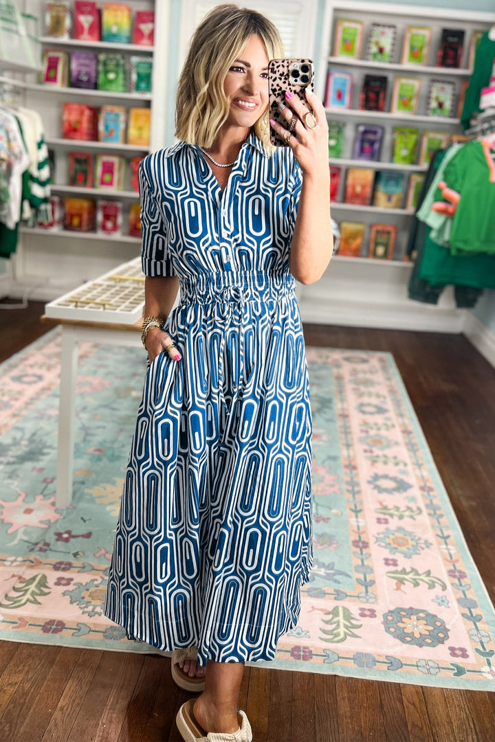 Blue Geometric Print Short Sleeve Shirt Collar Dress