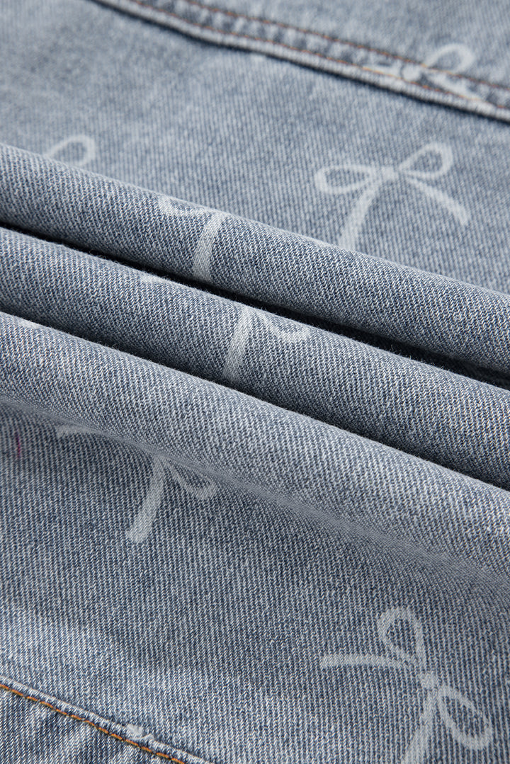 Bow Knot Print Light Wash Raw Hem Denim Jacket
