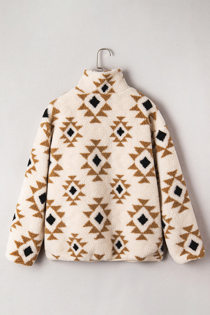 Aztec Print Sherpa Quarter Zip Collar Sweatshirt