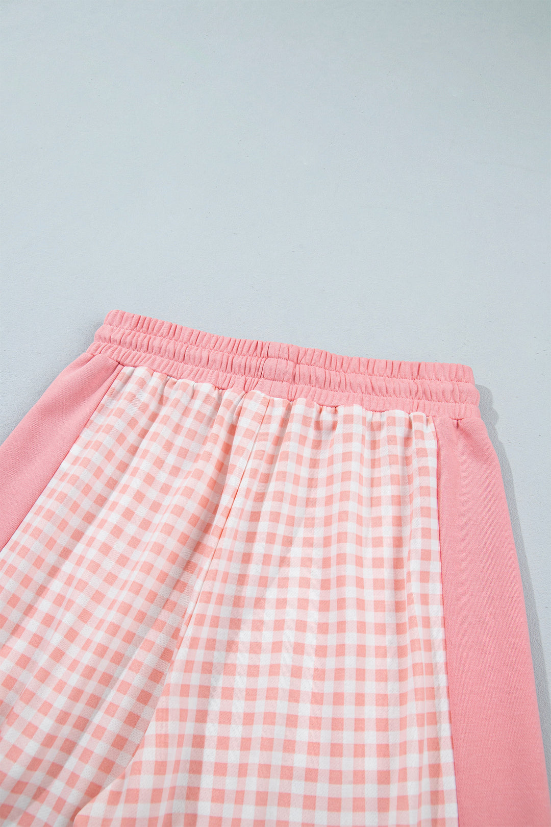 Pink Color Block Plaid Patchwork Long Sleeve Pullover Wide Leg Pant Set