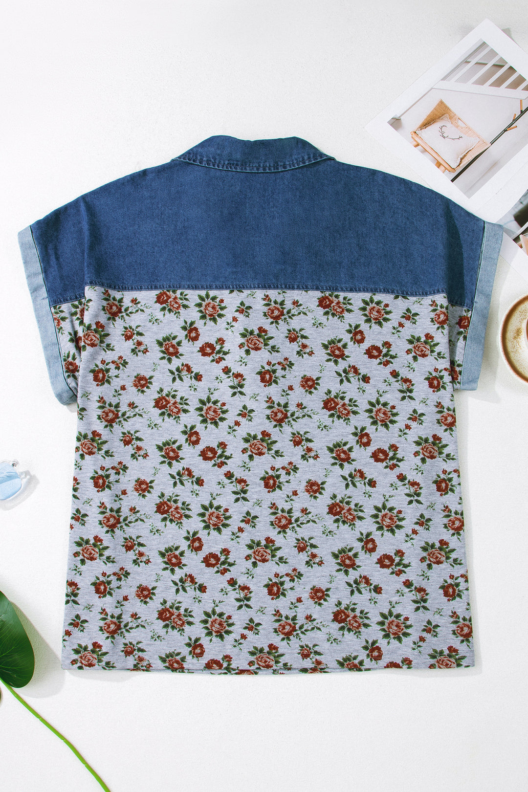 Gray Retro Floral Print Denim Patchwork Plus Size Polo Tee