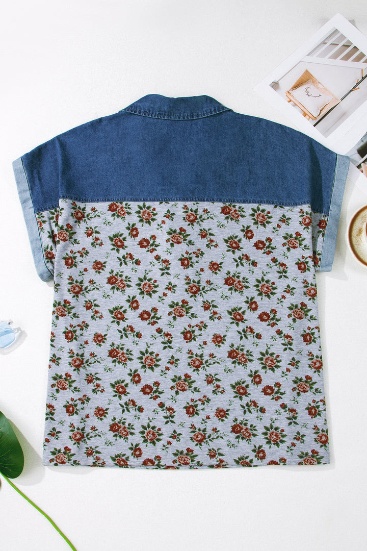 Gray Retro Floral Print Denim Patchwork Plus Size Polo Tee