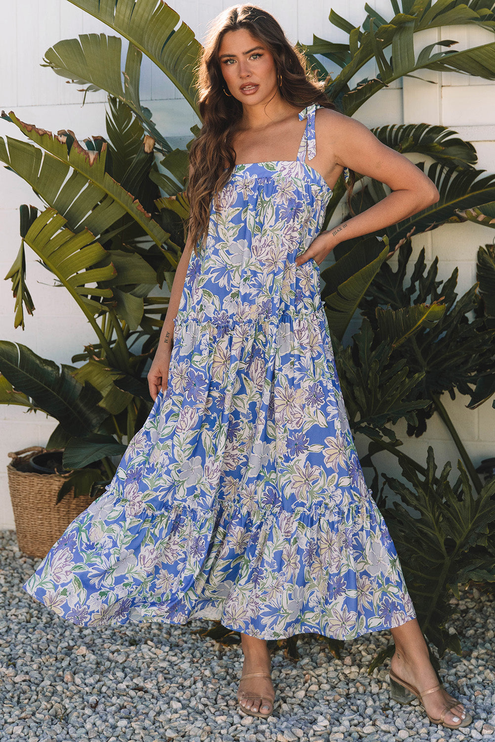 floral print self tie straps flowy ruffle long dress