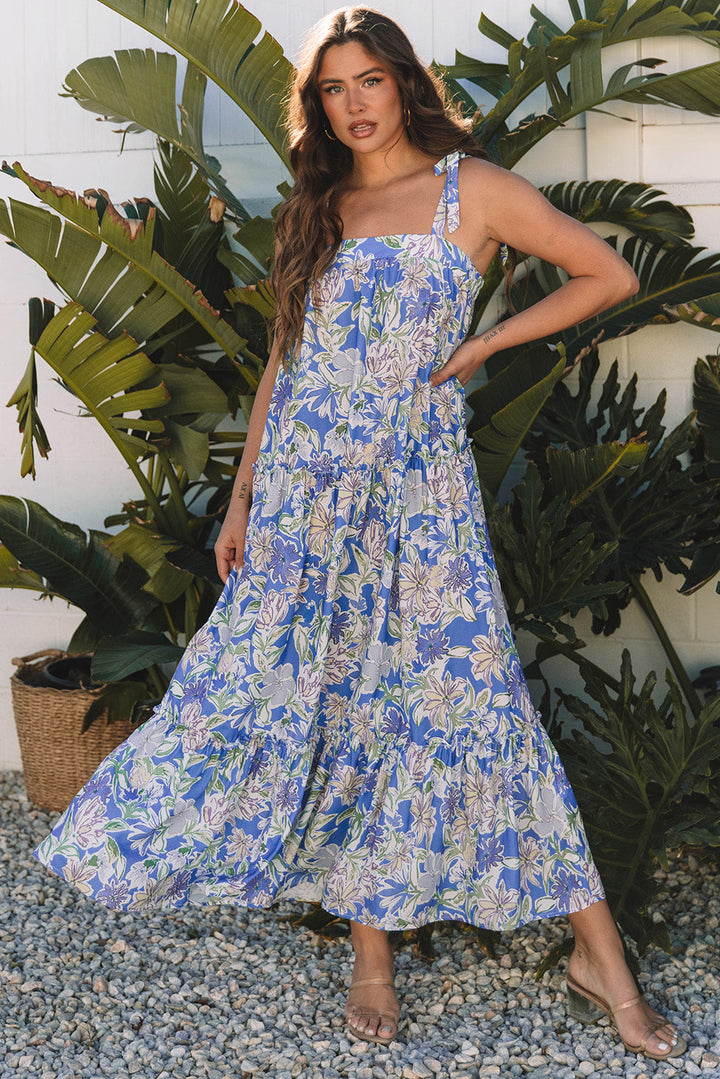 floral print self tie straps flowy ruffle long dress
