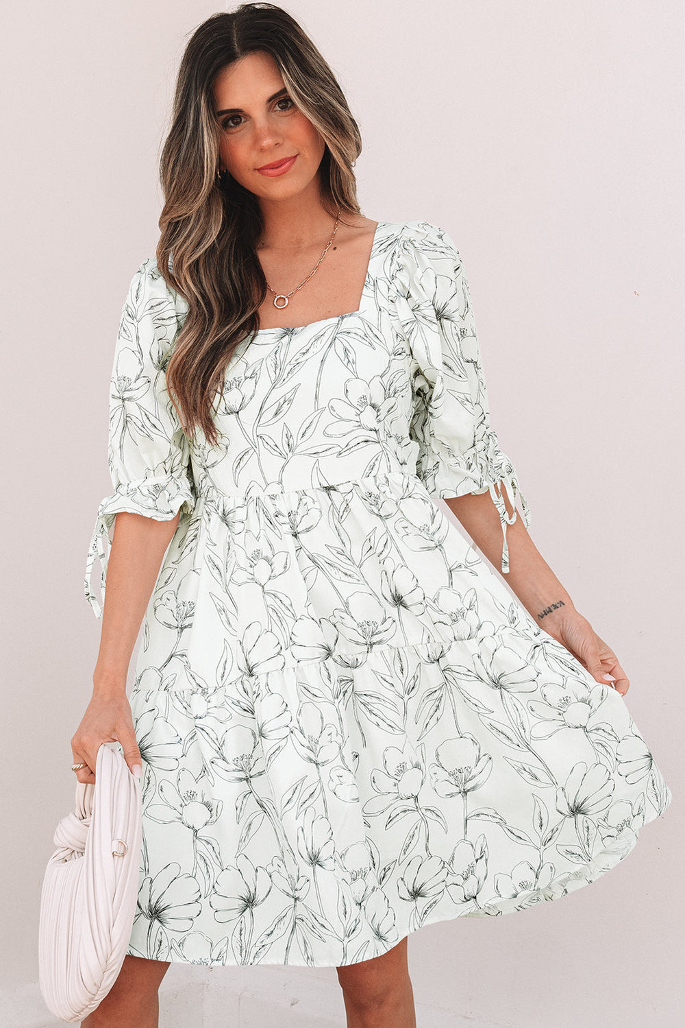 Floral Print Square Neck Shirred Back Puff Sleeve Mini Dress
