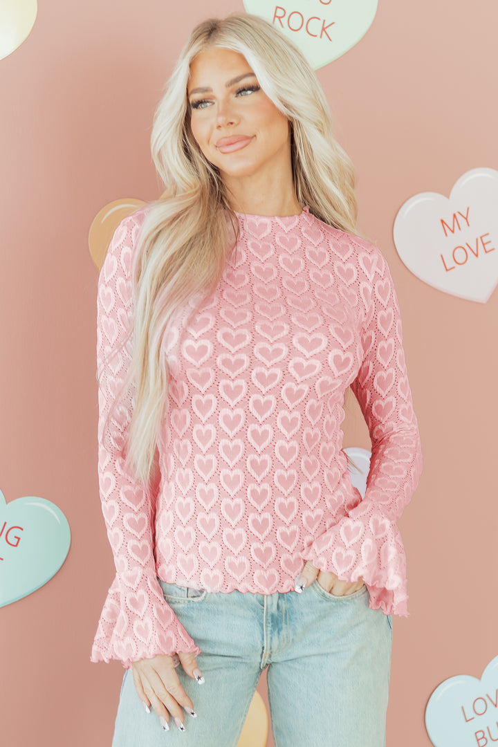 Heart Jacquard Flare Sleeve Mock Neck Fitted Top