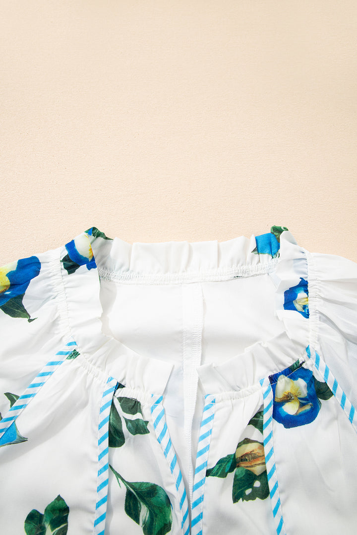 White Plus Size Floral Contrast Tie V Neck Dress