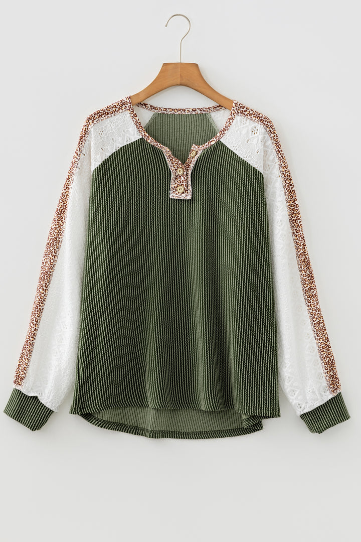Vineyard Green Twisted Ribbed Leopard Lace Contrast Patchwork Long Sleeve Top