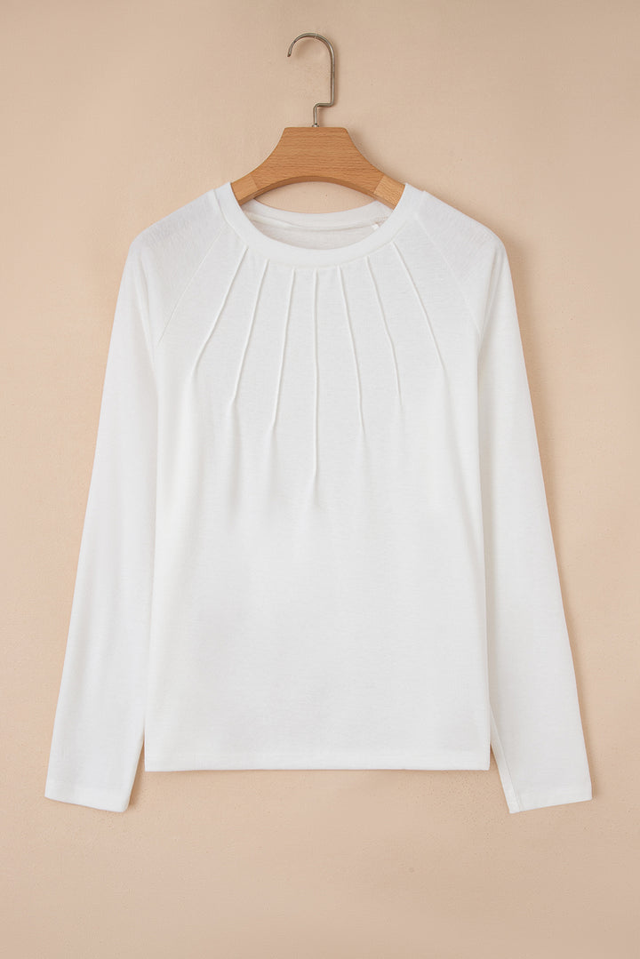 White Solid Color Seam Detail Raglan Long Sleeve Top