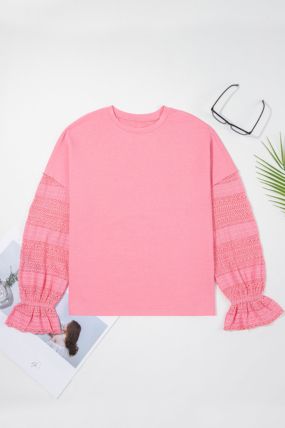 Drop Shoulder Lace Ruffled Sleeve Patchwork Loose Sweatshirt