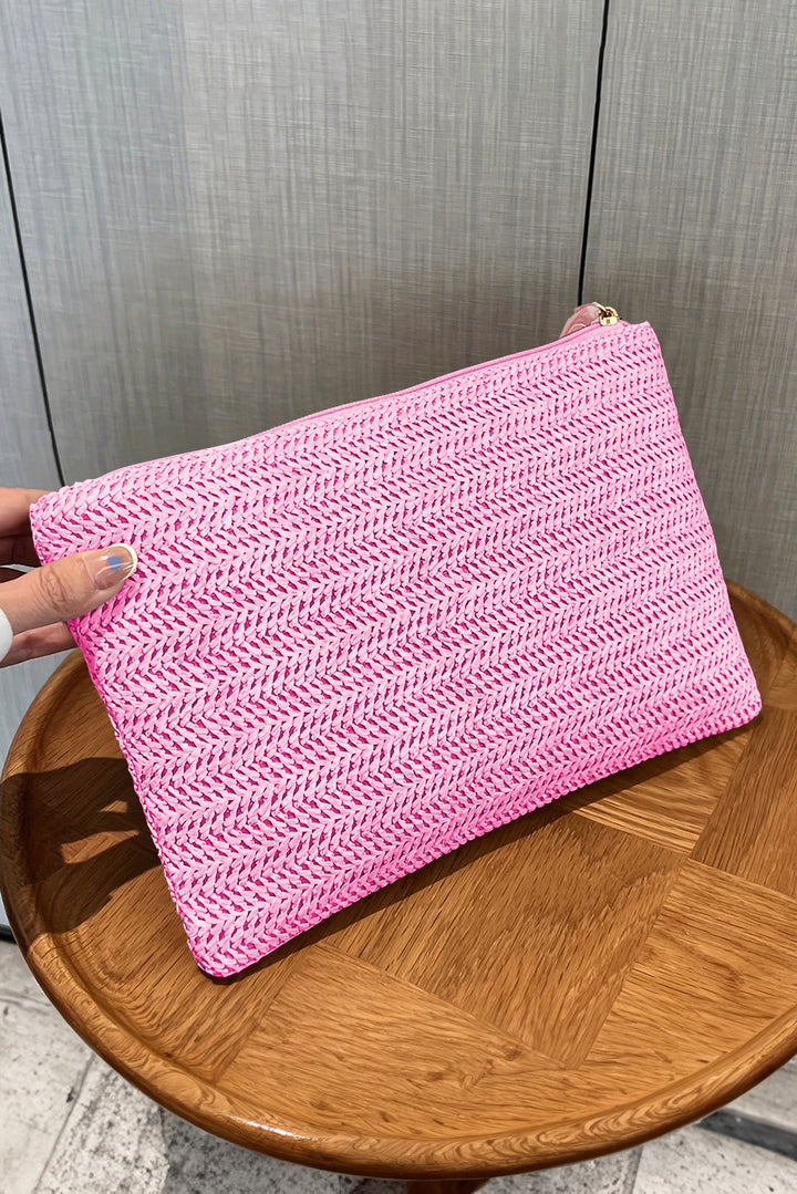 Straw Woven Wrist Strap Zipper Large Wallet