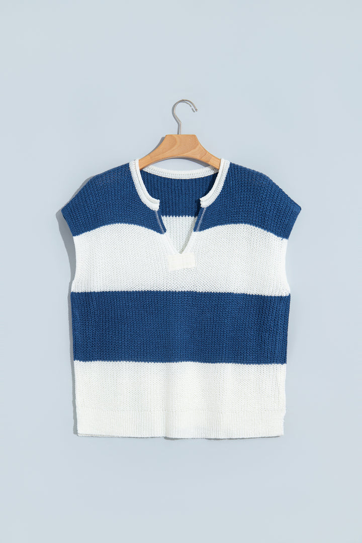 Blue Stripe Striped Colorblock Knit V Neck Short Sleeve Loose Sweater