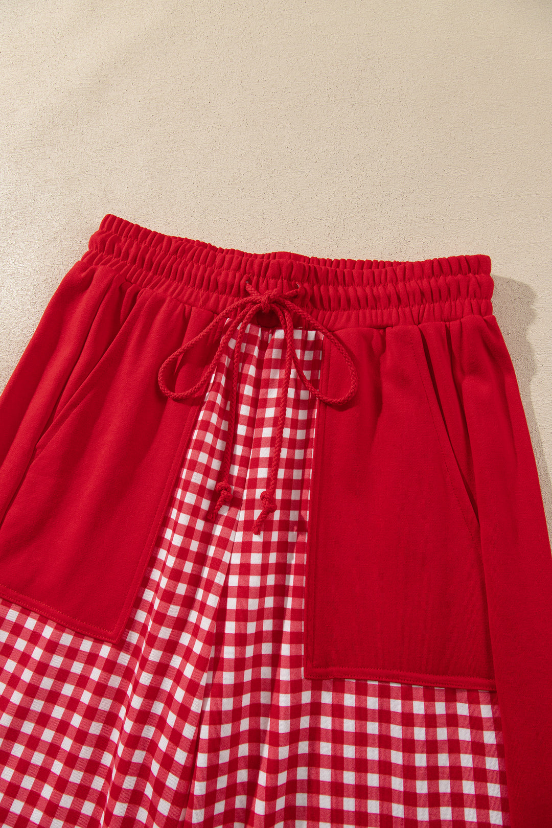 Red Color Block Plaid Patchwork Long Sleeve Pullover Wide Leg Pant Set