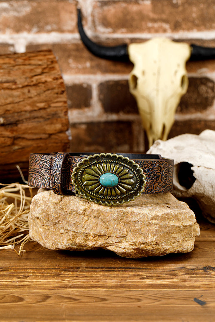 Ceinture en similicuir gaufré à décor de plaque turquoise rétro