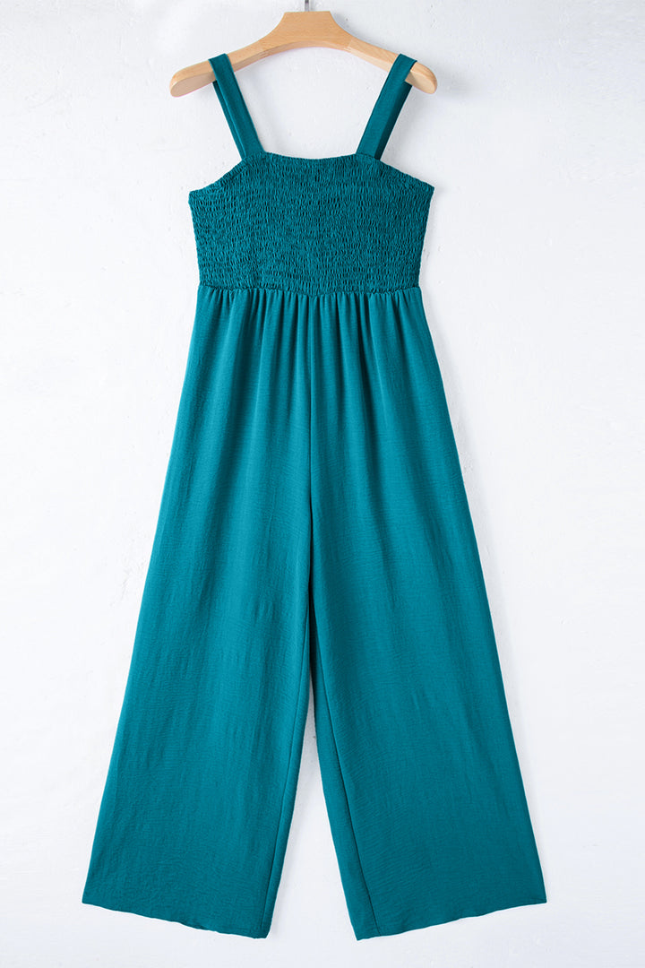 Peacock Blue Smocked Square Neck Sleeveless Jumpsuit with Pockets