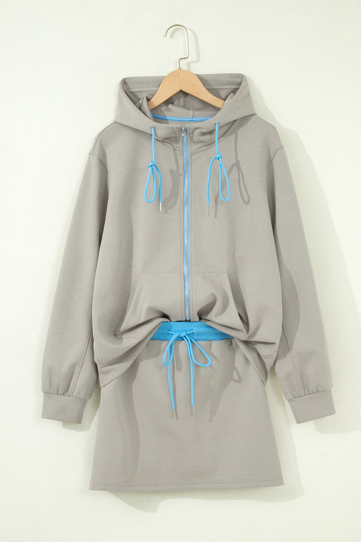 Smoke Green Contrast Trim Zip Up Sporty Jacket Mini Skort 2pcs Set