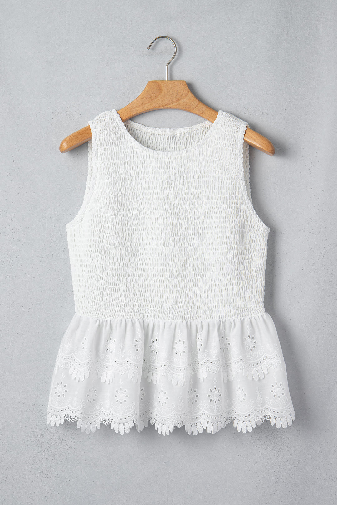 Chic White Sleeveless Smocked Lace Peplum Top