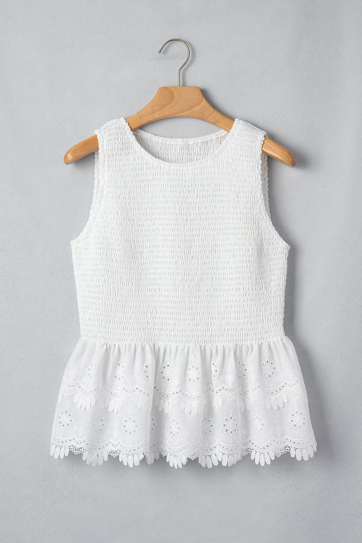 Chic White Sleeveless Smocked Lace Peplum Top