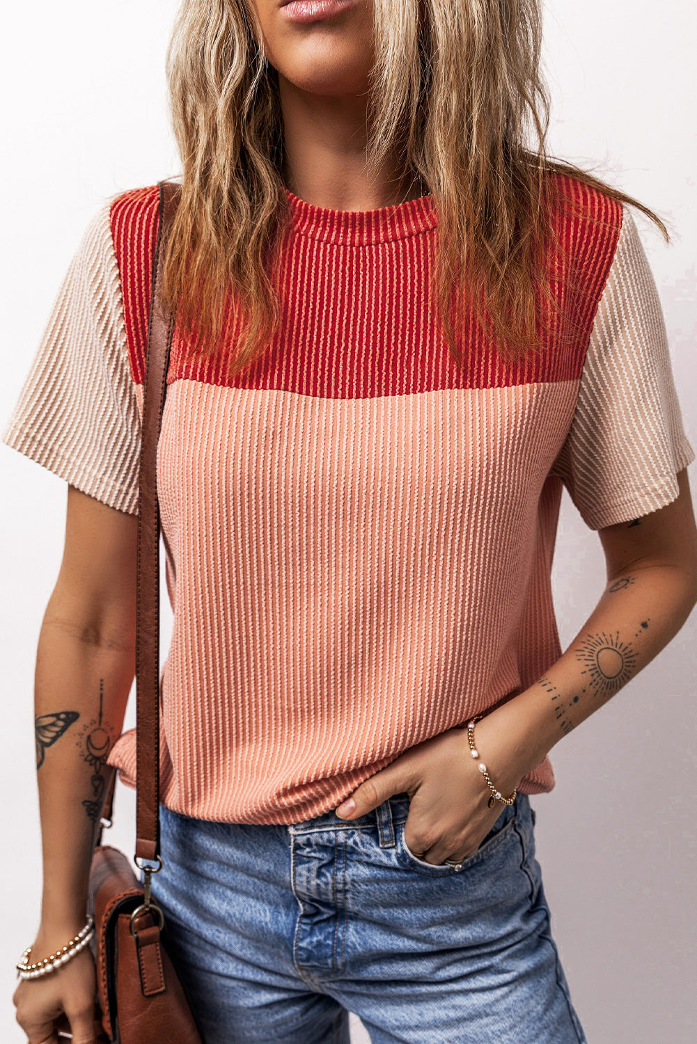 Red Rib Textured Colorblock T Shirt