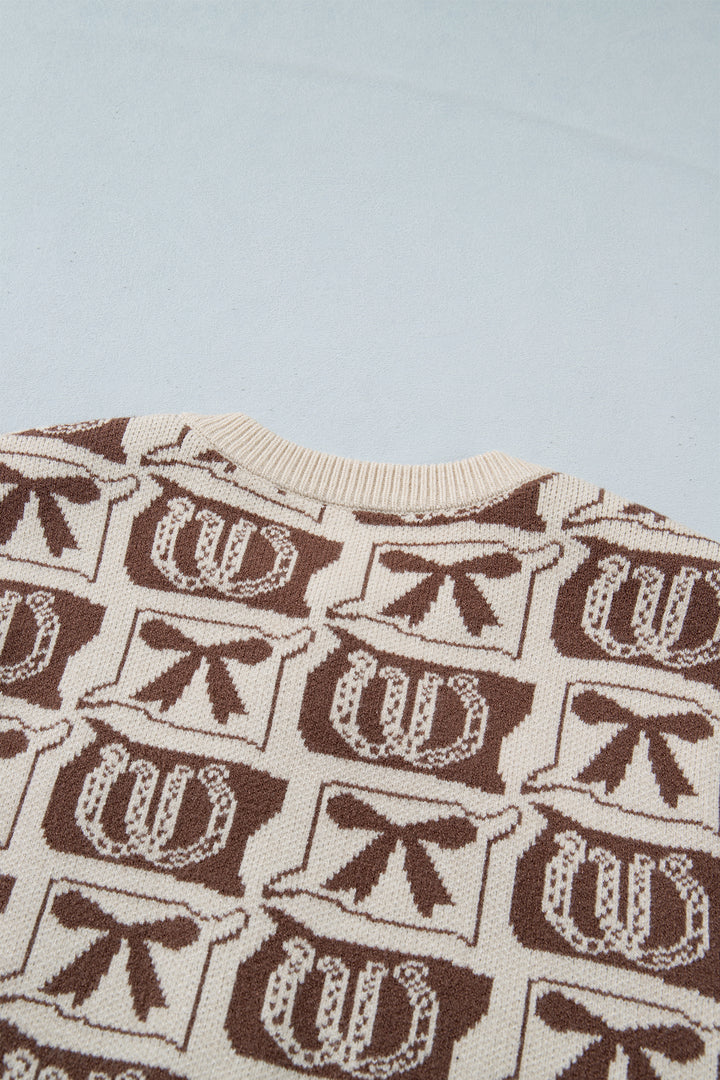 Brown Western Horseshoe Bow Pattern Sleeveless Knit Sweater