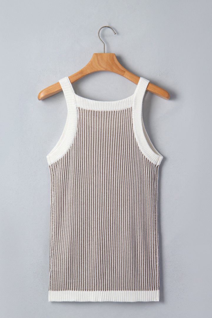 Pale Khaki Contrast Trim Ribbed Knit Sweater Tank Top