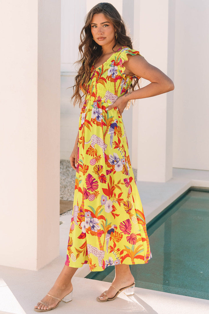 Cheetah Plant Print Shirred Button V Neck Maxi Dress