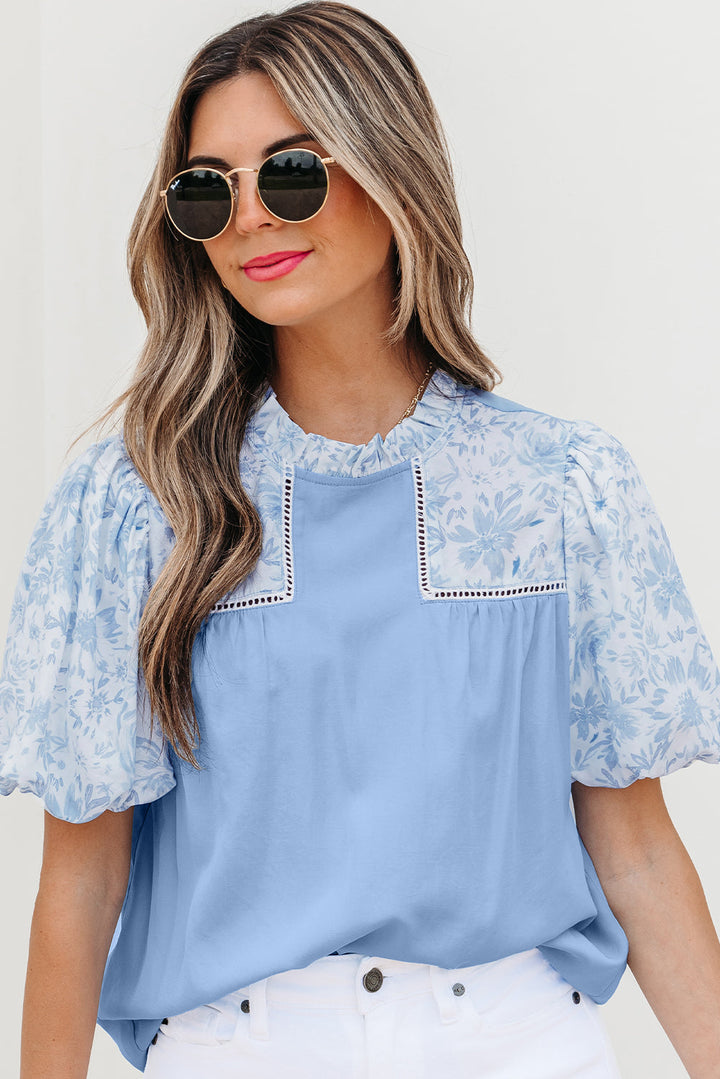 lace insert floral puff sleeve patchwork loose blouse